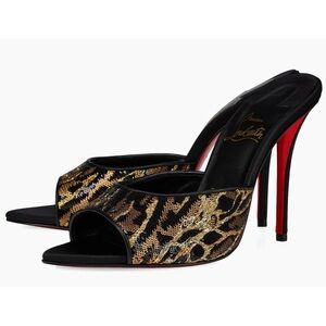 Christian Louboutin Miss Z Mule Ocelot 100 Black Backless Sandal Heel Pump 39